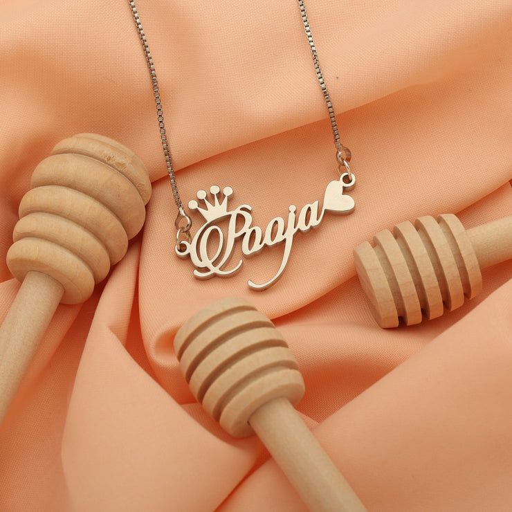Candlescript Crown & Heart Style Name Necklace - Silver