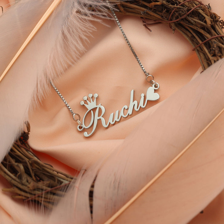 Crown & Heart Style Name Necklace - Silver