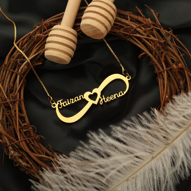 Infinity Heart Style Couple Name Necklace - Gold